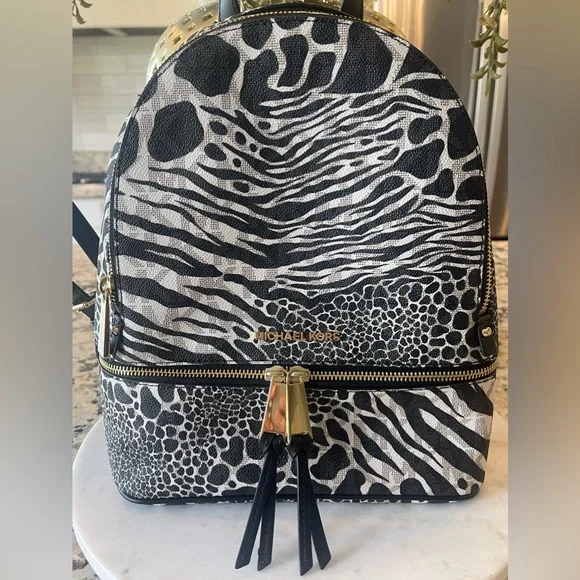 Michael Kors RheaBlack White MK Signature Zebra Medium Backpack
